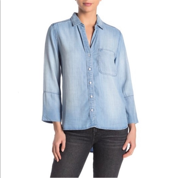 Cloth + Stone tie dye blue chambray collared button down top shirt 1/2 sleeves - Picture 6 of 10